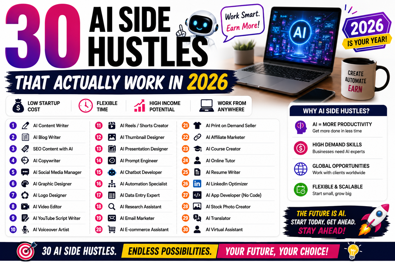 30 AI Side Hustles That Actually Work in 2026 (Complete Guide to Make Money with AI)