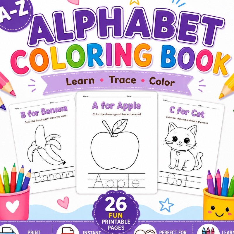 Alphabet colouring book with tracing