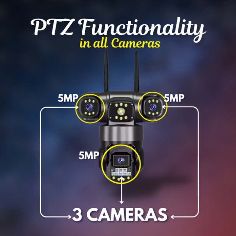 3in1 Wifi CCTV Camera (5MP+5MP+5MP) Full HD 3 Lens/3 Screen View Home Security Camera with Pan Tilt 360° View & 2 side camera horizontally rotate 180°