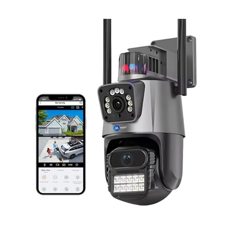 TwinView Dual Lens CCTV – 5MP+5MP WiFi Outdoor Camera, Dual Screen, Color Night Vision, IP66, 128GB SD Support
