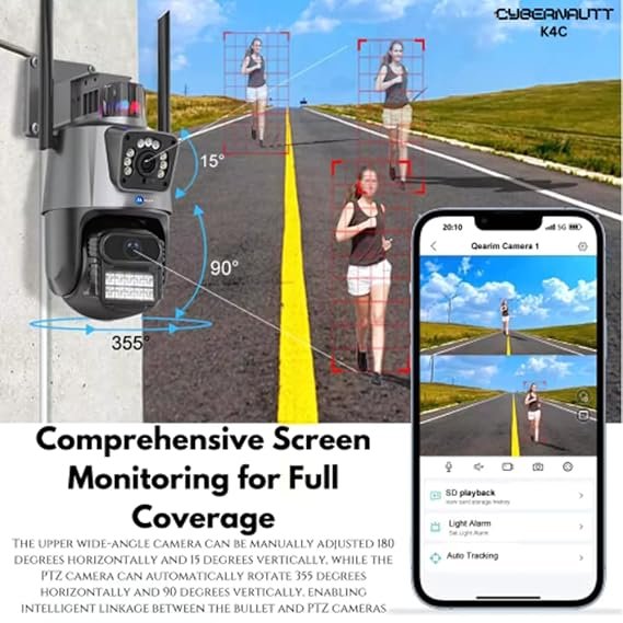 TwinView Dual Lens CCTV – 5MP+5MP WiFi Outdoor Camera, Dual Screen, Color Night Vision, IP66, 128GB SD Support