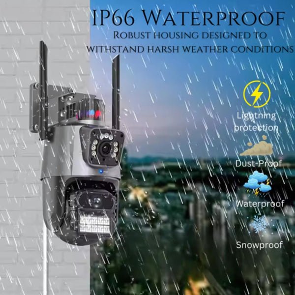 TwinView Dual Lens CCTV – 5MP+5MP WiFi Outdoor Camera, Dual Screen, Color Night Vision, IP66, 128GB SD Support