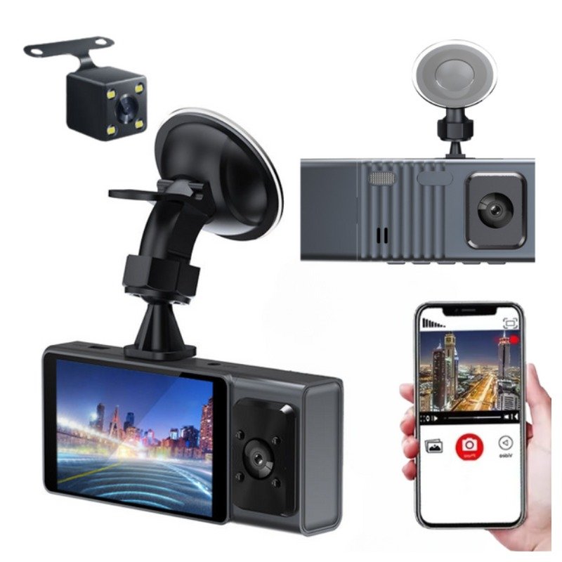 Dash Cam | 1080P HD | 3" Display | Front+Rear+Cabin | 170° Wide Angle | Motion Detection | Loop Recording | Parking Mode | G-Sensor | App & SD Card Support