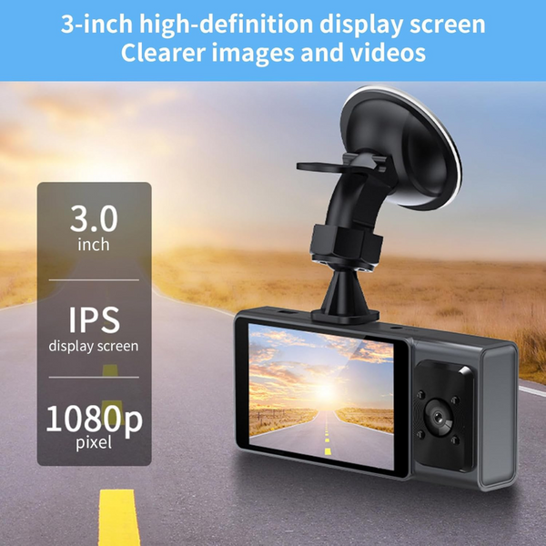 Dash Cam | 1080P HD | 3" Display | Front+Rear+Cabin | 170° Wide Angle | Motion Detection | Loop Recording | Parking Mode | G-Sensor | App & SD Card Support
