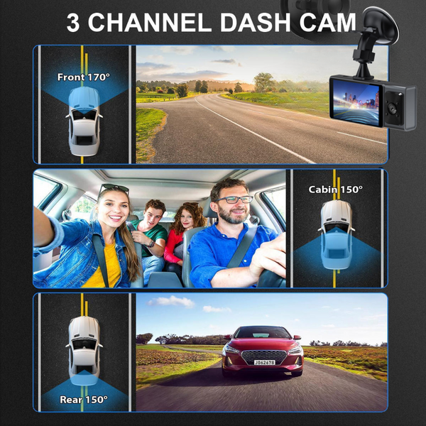 Dash Cam | 1080P HD | 3" Display | Front+Rear+Cabin | 170° Wide Angle | Motion Detection | Loop Recording | Parking Mode | G-Sensor | App & SD Card Support