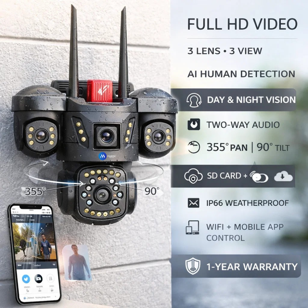 5MP*3 wifi CCTV Camera for Home Outdoor | Triple Lens Camera Without WiFi | Color Night Vision, Pan Tilt, Motion Alerts | Outdoor Security Camera